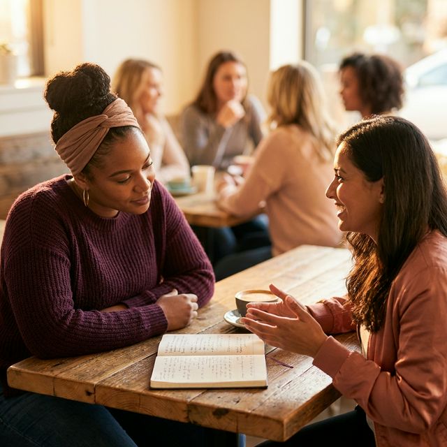 Two women from different backgrounds in focused, warm conversation — an open notebook between them, other women connecting in the background.